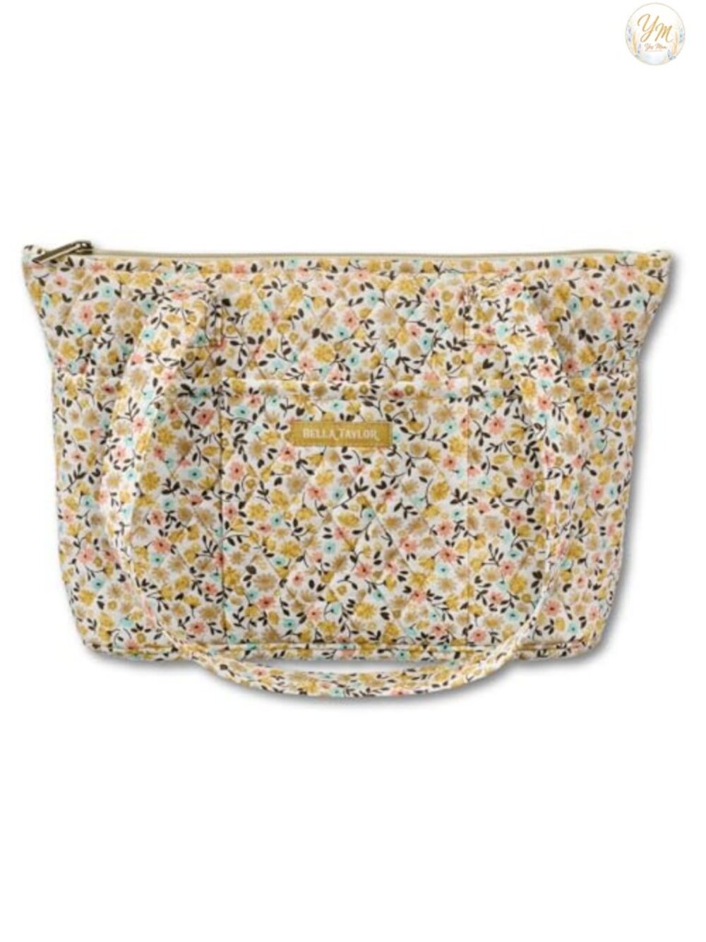 Quilted Cotton Shoulder Bag Tote with Zip Top and 10 Pockets